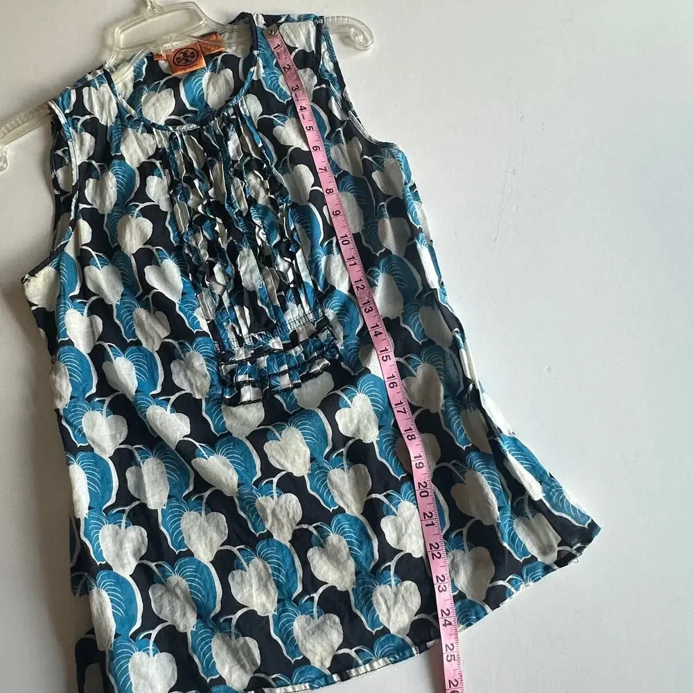 Tory Burch Leaf Print Snap Top Womens Size 6 Blue White Sleeveless Shell